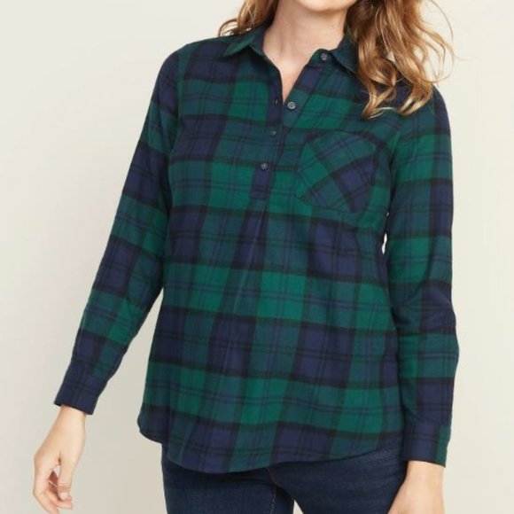 Maternity Plaid Flannel Popover Shirt Green/Blue​ - Picture 1 of 7